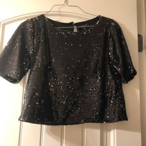 TOP SHOP Black Sequin Crop Top